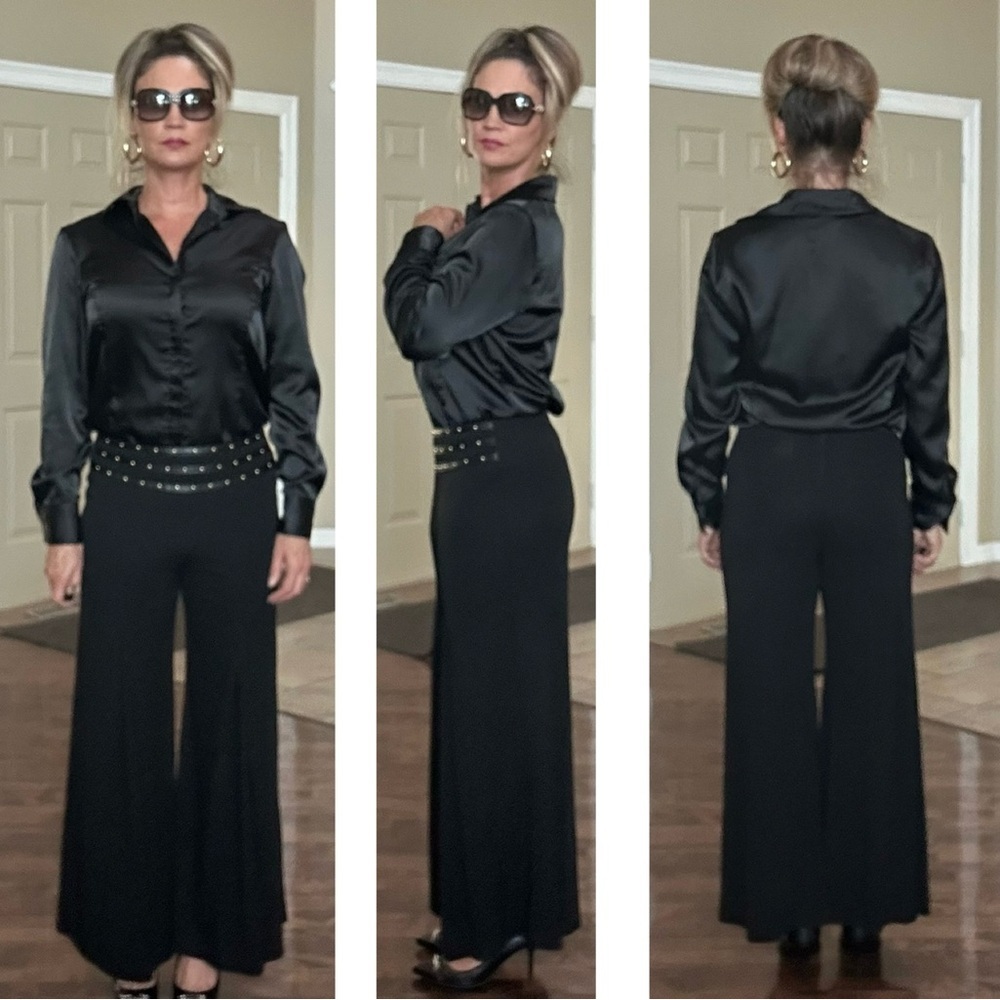 Joseph Ribkoff black wide leg front pleated gold stud waist trouser dress pant 6